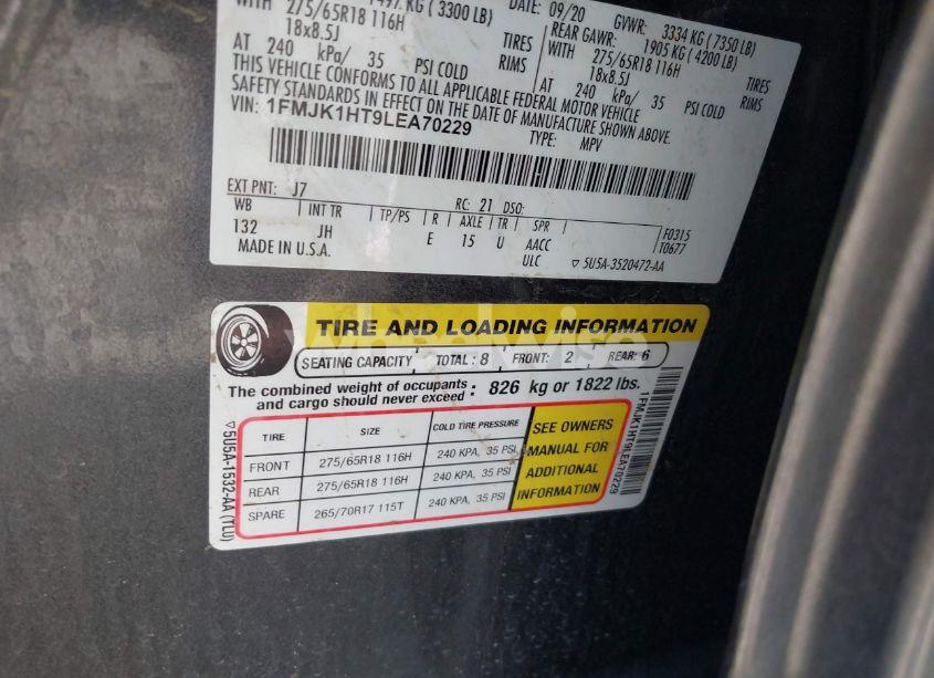 Photo 9 of 2020 Ford Expedition XLT MAX (VIN 1FMJK1HT9LEA70229)