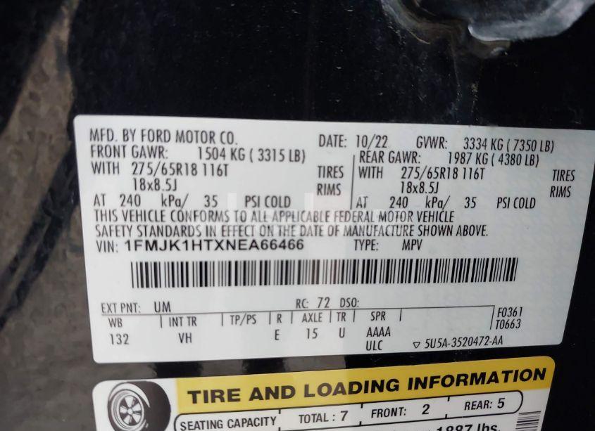 Photo 9 of 2022 Ford Expedition XLT MAX (VIN 1FMJK1HTXNEA66466)