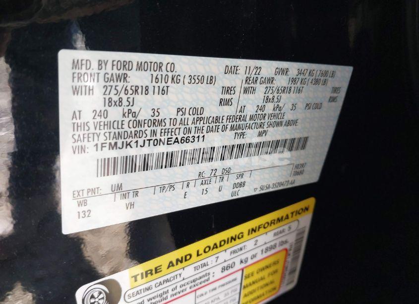 Photo 9 of 2022 Ford Expedition XLT MAX (VIN 1FMJK1JT0NEA66311)