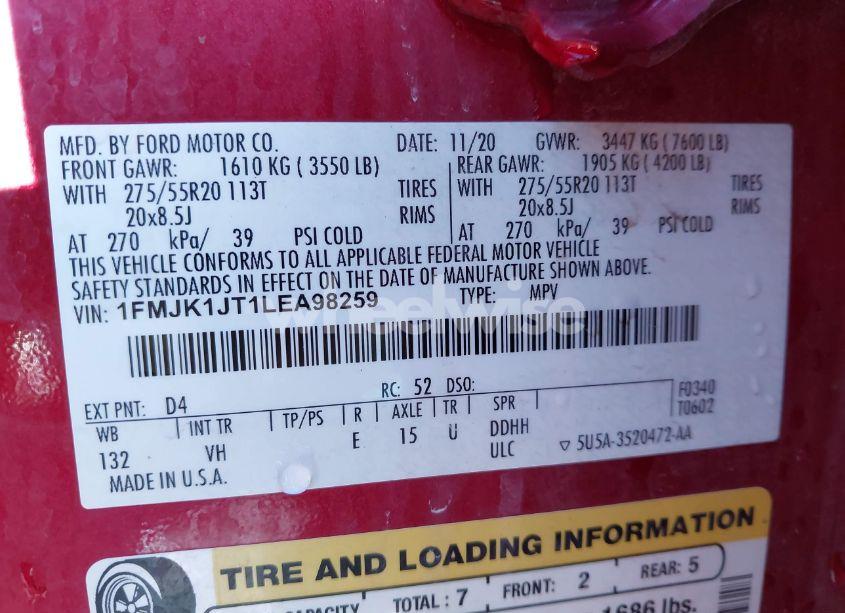 Photo 9 of 2020 Ford Expedition XLT MAX (VIN 1FMJK1JT1LEA98259)