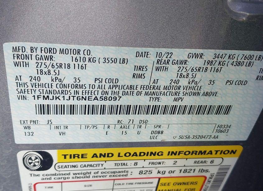 Photo 9 of 2022 Ford Expedition XLT MAX (VIN 1FMJK1JT6NEA58097)