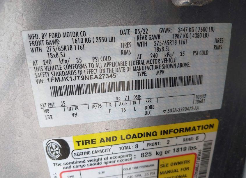 Photo 9 of 2022 Ford Expedition XLT MAX (VIN 1FMJK1JT9NEA27345)