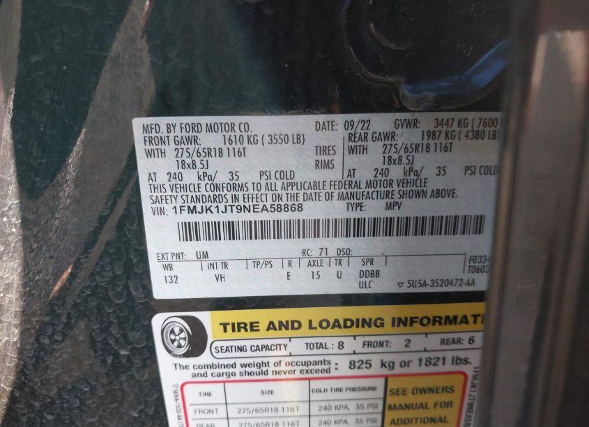 Photo 9 of 2022 Ford Expedition XLT MAX (VIN 1FMJK1JT9NEA58868)