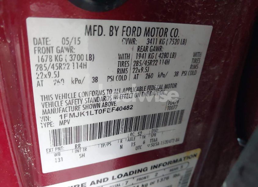 Photo 9 of 2015 Ford Expedition EL PLATINUM (VIN 1FMJK1LT0FEF40482)