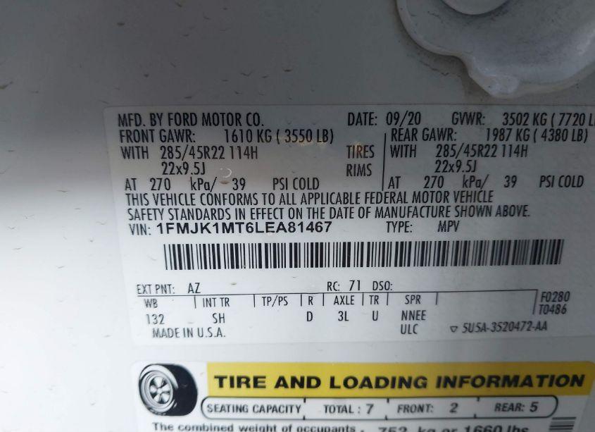 Photo 9 of 2020 Ford Expedition PLATINUM MAX (VIN 1FMJK1MT6LEA81467)