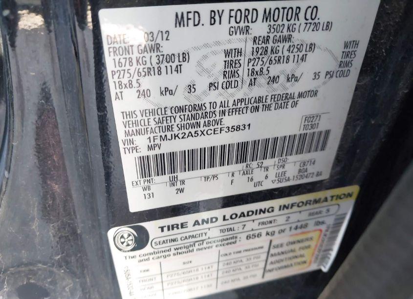 Photo 9 of 2012 Ford Expedition EL LIMITED (VIN 1FMJK2A5XCEF35831)