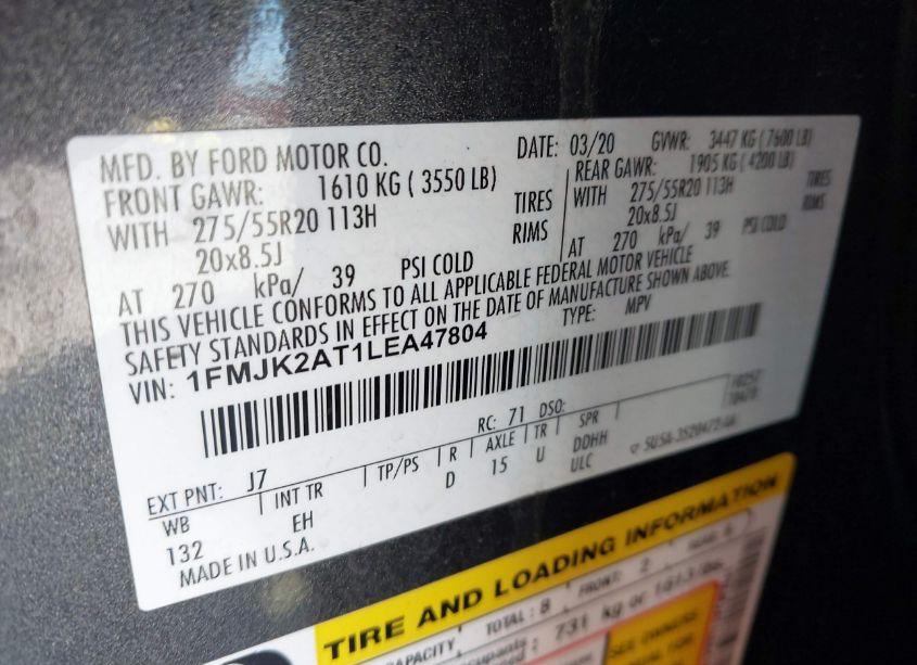 Photo 9 of 2020 Ford Expedition LIMITED MAX (VIN 1FMJK2AT1LEA47804)