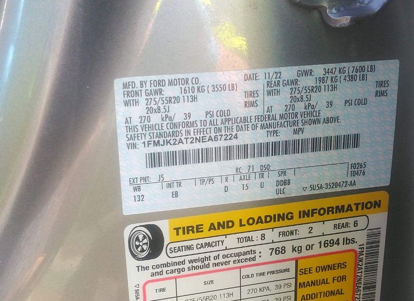 Photo 9 of 2022 Ford Expedition LIMITED MAX (VIN 1FMJK2AT2NEA67224)