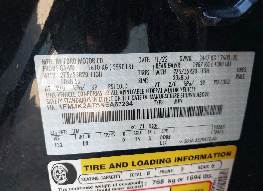 Photo 9 of 2022 Ford Expedition LIMITED MAX (VIN 1FMJK2AT5NEA67234)