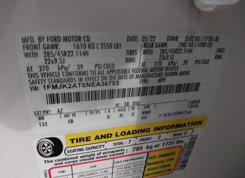 Photo 9 of 2022 Ford Expedition LIMITED MAX (VIN 1FMJK2AT6NEA36753)