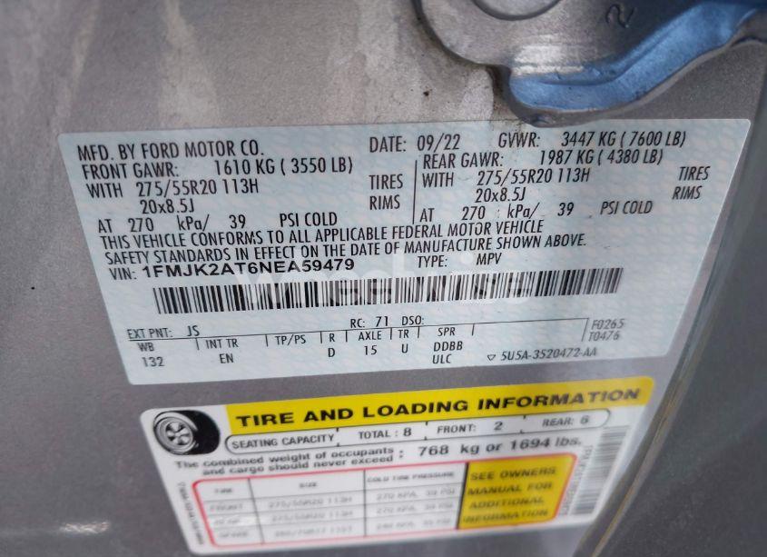 Photo 9 of 2022 Ford Expedition LIMITED MAX (VIN 1FMJK2AT6NEA59479)