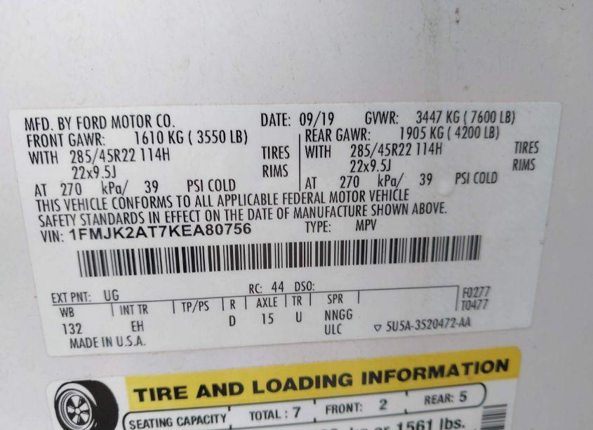 Photo 9 of 2019 Ford Expedition MAX LIMITED (VIN 1FMJK2AT7KEA80756)