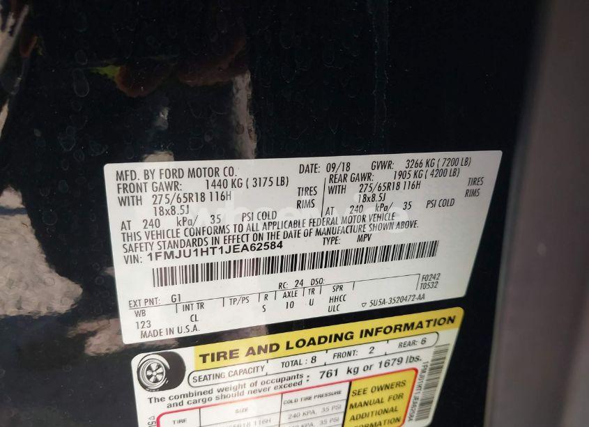 Photo 9 of 2018 Ford Expedition XLT (VIN 1FMJU1HT1JEA62584)