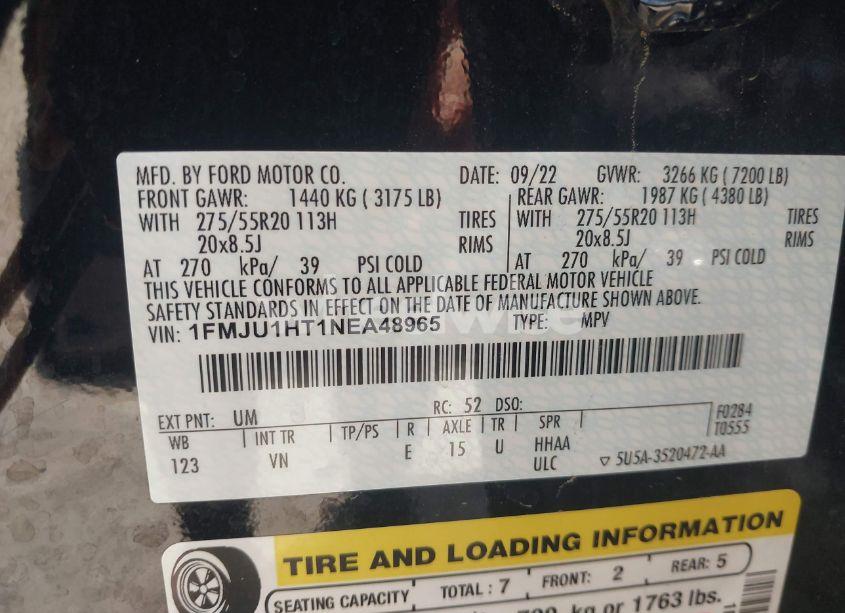 Photo 9 of 2022 Ford Expedition XLT (VIN 1FMJU1HT1NEA48965)