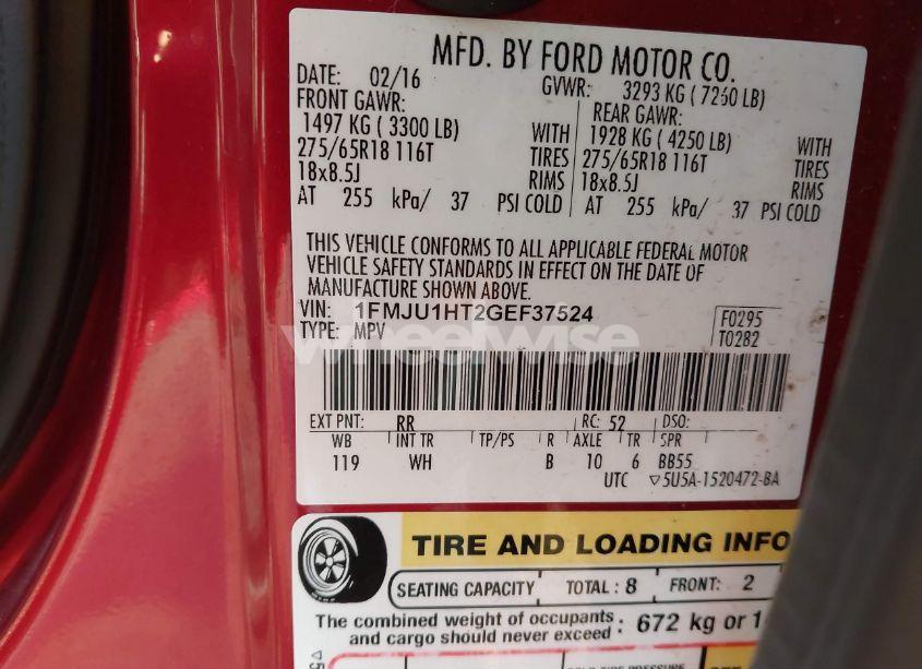 Photo 9 of 2016 Ford Expedition XLT (VIN 1FMJU1HT2GEF37524)