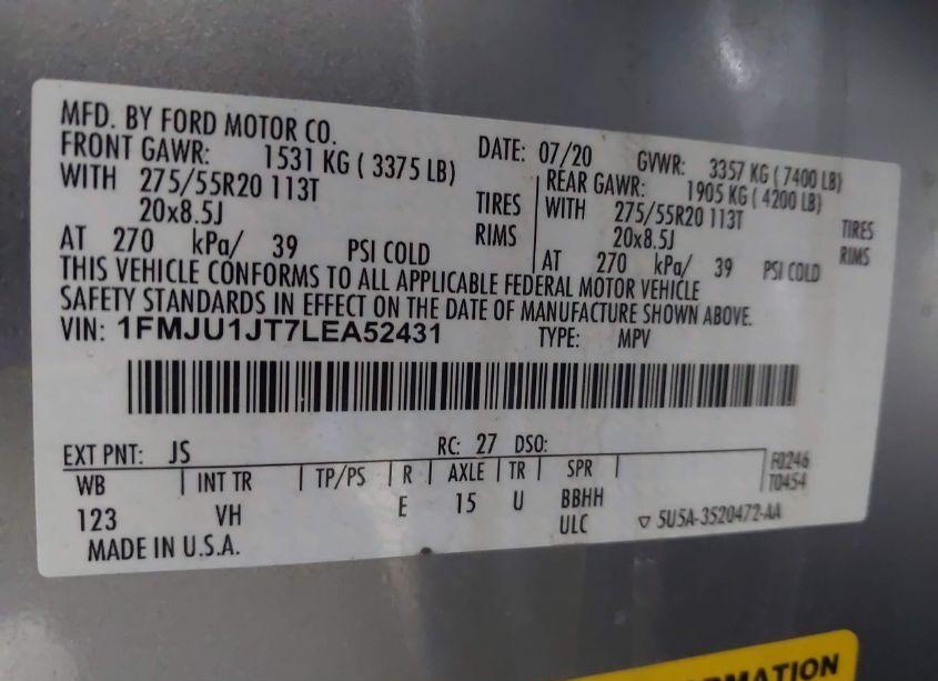 Photo 9 of 2020 Ford Expedition XLT (VIN 1FMJU1JT7LEA52431)