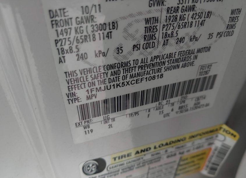 Photo 9 of 2012 Ford Expedition LIMITED (VIN 1FMJU1K5XCEF10818)