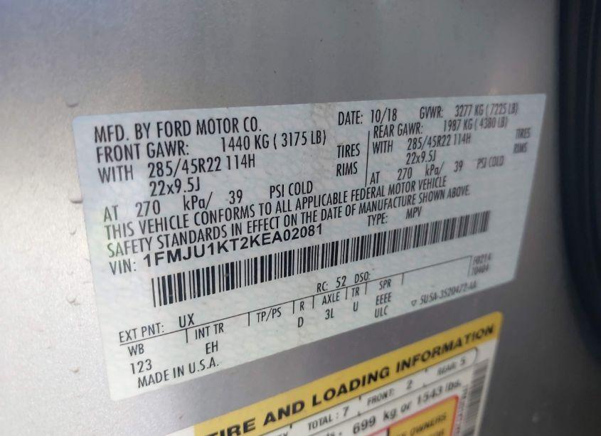 Photo 9 of 2019 Ford Expedition LIMITED (VIN 1FMJU1KT2KEA02081)