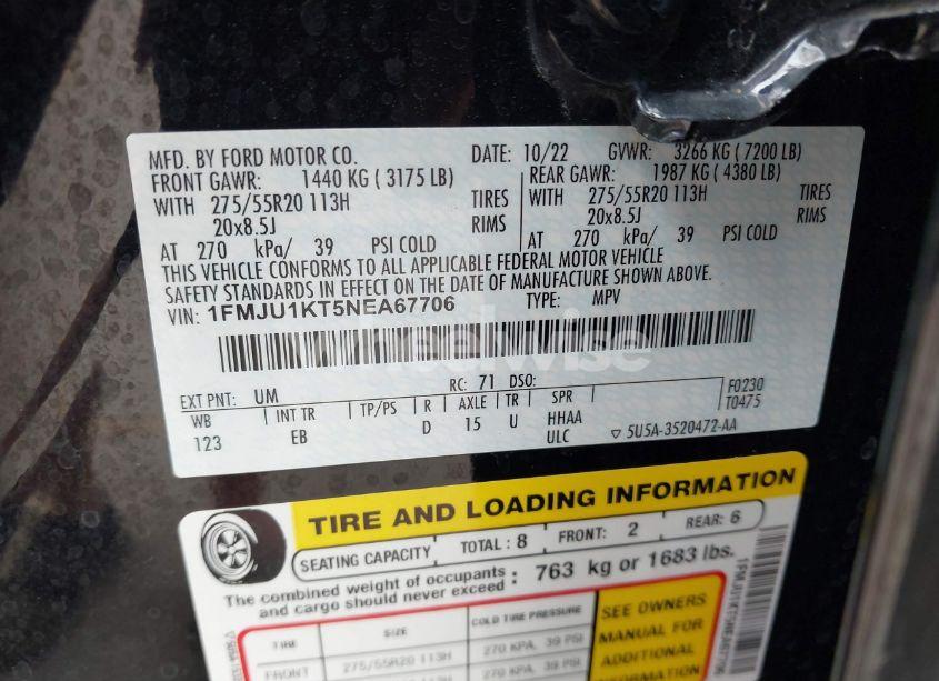 Photo 9 of 2022 Ford Expedition LIMITED (VIN 1FMJU1KT5NEA67706)