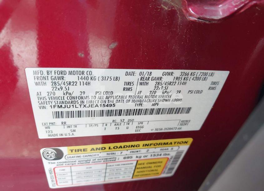 Photo 9 of 2018 Ford Expedition PLATINUM (VIN 1FMJU1LTXJEA15495)