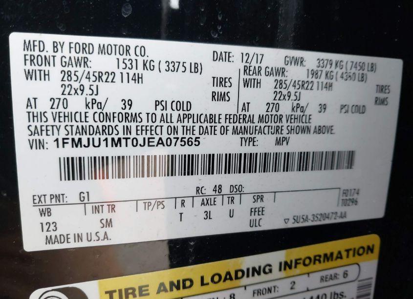 Photo 9 of 2018 Ford Expedition PLATINUM (VIN 1FMJU1MT0JEA07565)