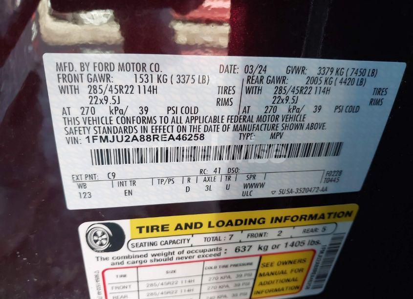 Photo 9 of 2024 Ford Expedition LIMITED (VIN 1FMJU2A88REA46258)