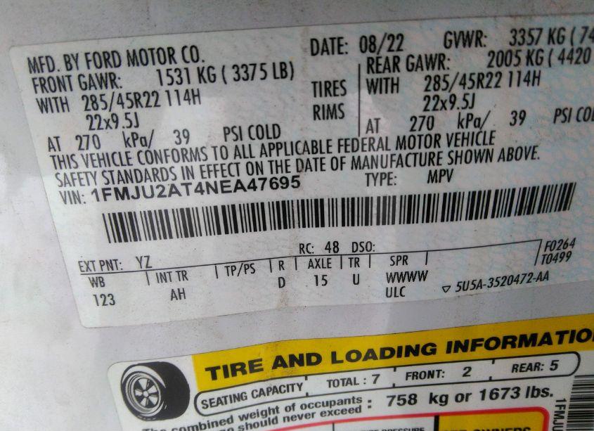 Photo 9 of 2022 Ford Expedition LIMITED (VIN 1FMJU2AT4NEA47695)