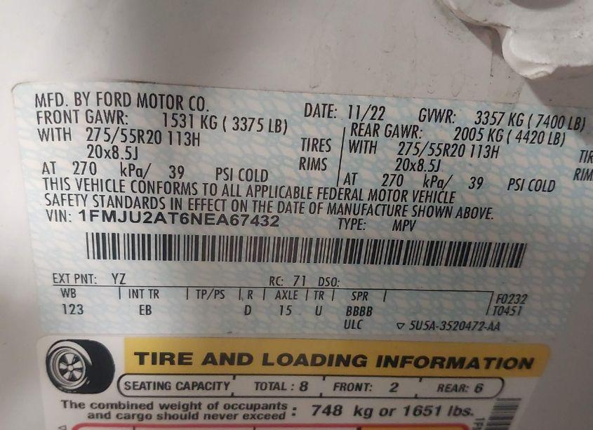 Photo 9 of 2022 Ford Expedition LIMITED (VIN 1FMJU2AT6NEA67432)