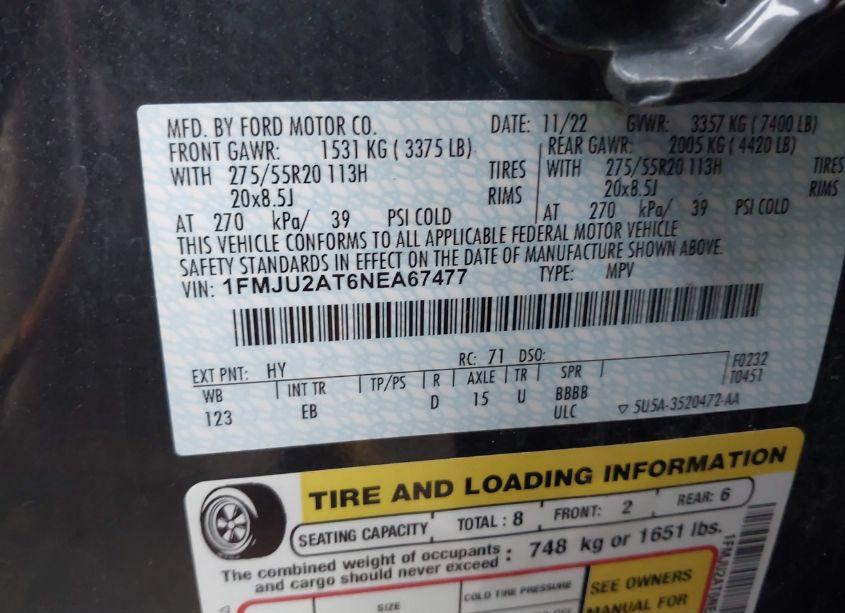 Photo 9 of 2022 Ford Expedition LIMITED (VIN 1FMJU2AT6NEA67477)