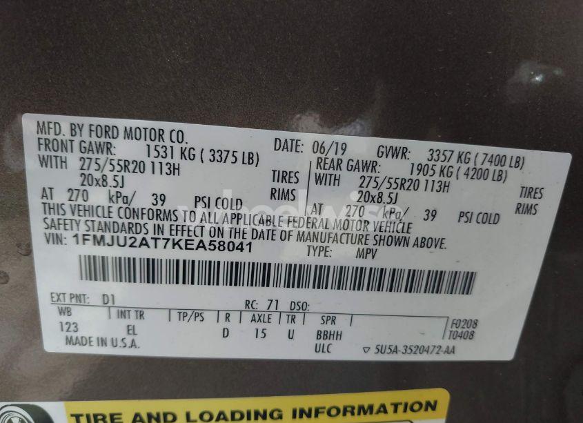 Photo 9 of 2019 Ford Expedition LIMITED (VIN 1FMJU2AT7KEA58041)