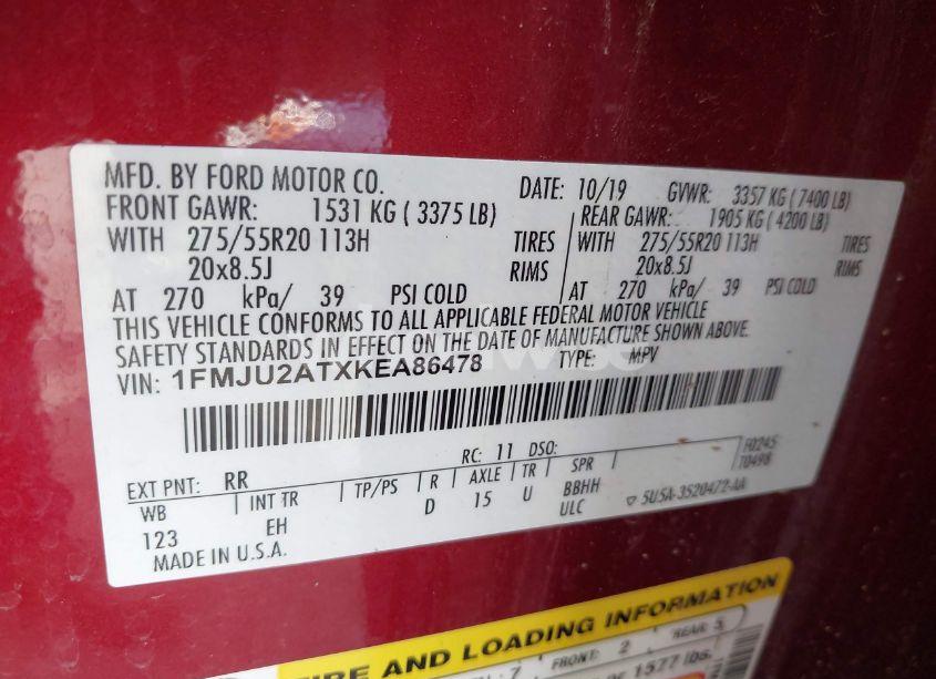 Photo 9 of 2019 Ford Expedition LIMITED (VIN 1FMJU2ATXKEA86478)