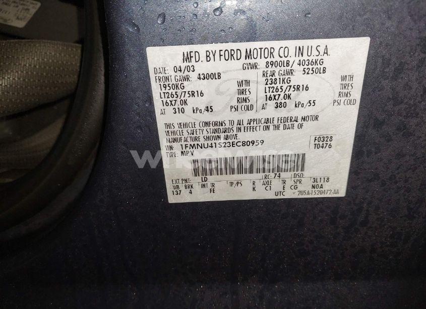 Photo 9 of 2003 Ford Excursion XLT (VIN 1FMNU41S23EC80959)