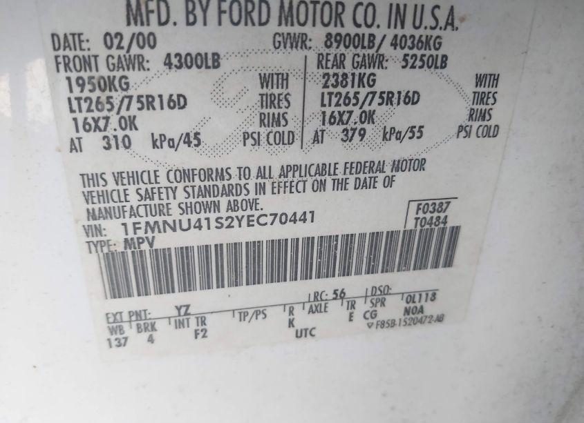 Photo 9 of 2000 Ford Excursion XLT (VIN 1FMNU41S2YEC70441)