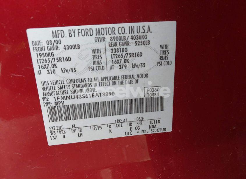 Photo 9 of 2001 Ford Excursion LIMITED (VIN 1FMNU43S61EA18890)