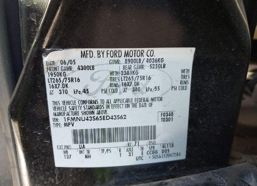 Photo 9 of 2005 Ford Excursion LIMITED (VIN 1FMNU43S65ED43562)