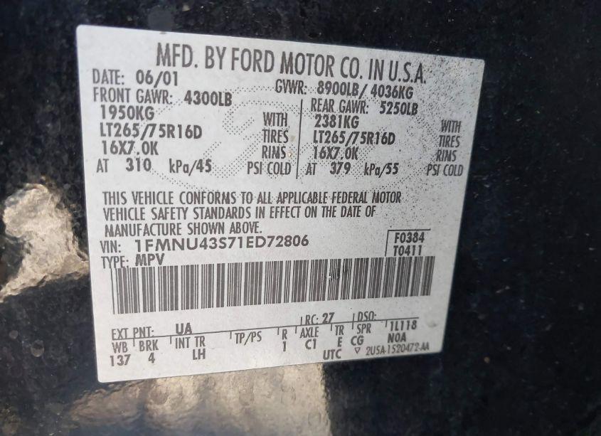 Photo 9 of 2001 Ford Excursion LIMITED (VIN 1FMNU43S71ED72806)