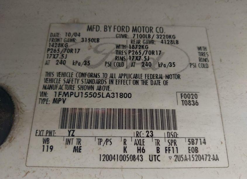 Photo 8 of 2005 Ford Expedition XLT (VIN 1FMPU15505LA31800)