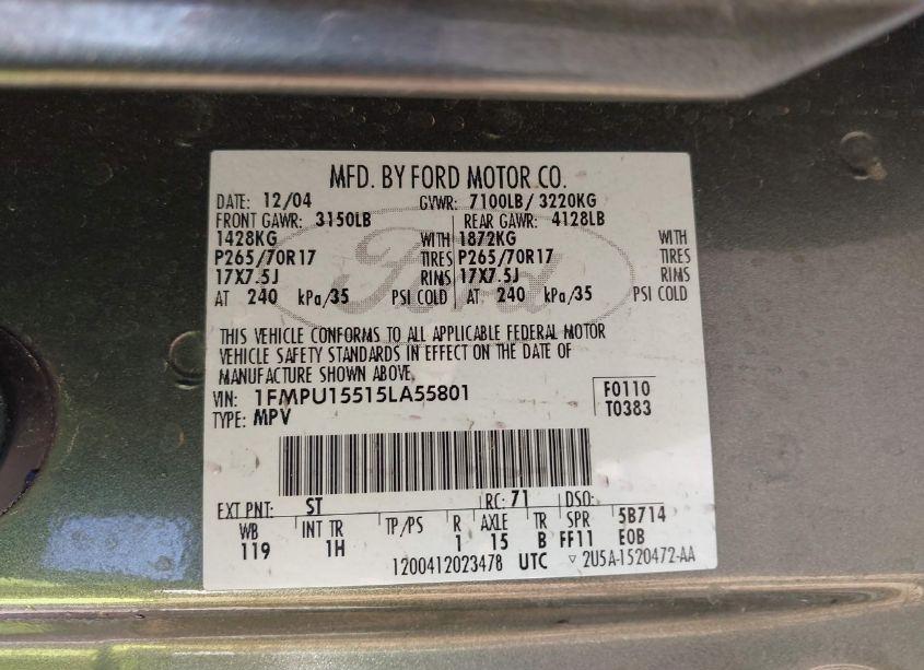 Photo 9 of 2005 Ford Expedition XLT (VIN 1FMPU15515LA55801)