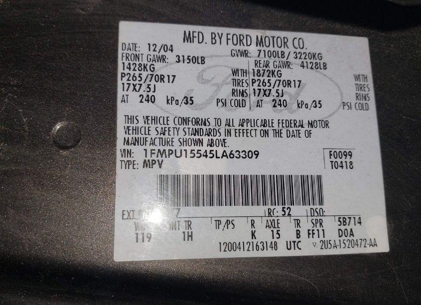 Photo 9 of 2005 Ford Expedition XLT (VIN 1FMPU15545LA63309)