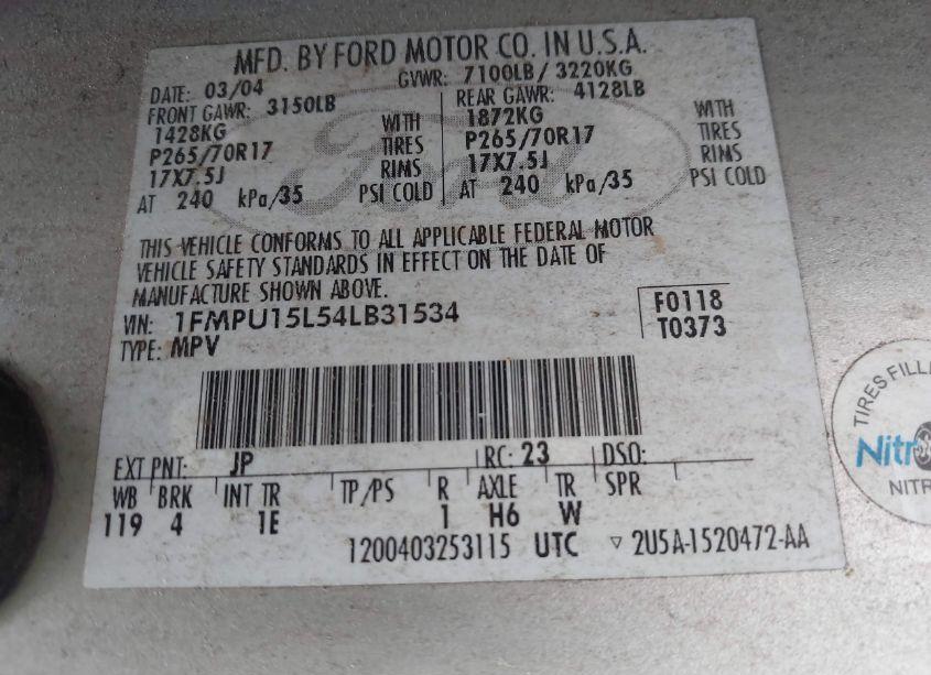 Photo 9 of 2004 Ford Expedition XLT (VIN 1FMPU15L54LB31534)