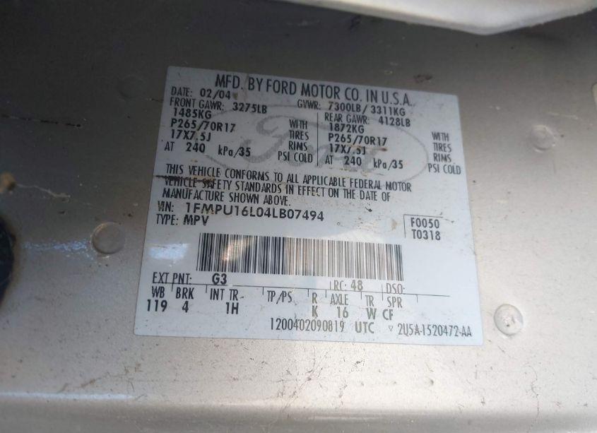 Photo 9 of 2004 Ford Expedition NBX/XLT (VIN 1FMPU16L04LB07494)