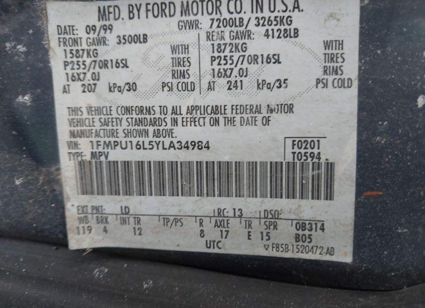 Photo 9 of 2000 Ford Expedition XLT (VIN 1FMPU16L5YLA34984)