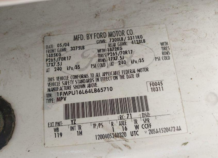 Photo 9 of 2004 Ford Expedition NBX/XLT (VIN 1FMPU16L64LB65710)