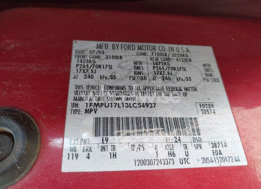 Photo 9 of 2003 Ford Expedition EDDIE BAUER (VIN 1FMPU17L13LC54937)