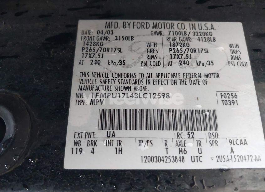 Photo 9 of 2003 Ford Expedition EDDIE BAUER (VIN 1FMPU17L43LC12598)