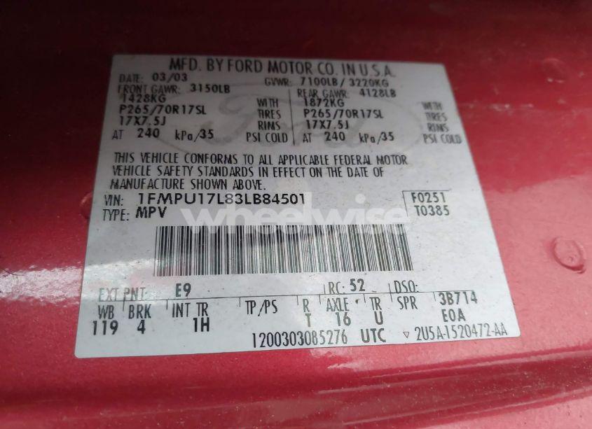 Photo 9 of 2003 Ford Expedition EDDIE BAUER (VIN 1FMPU17L83LB84501)