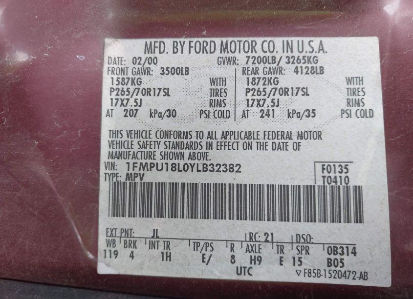 Photo 9 of 2000 Ford Expedition EDDIE BAUER (VIN 1FMPU18L0YLB32382)