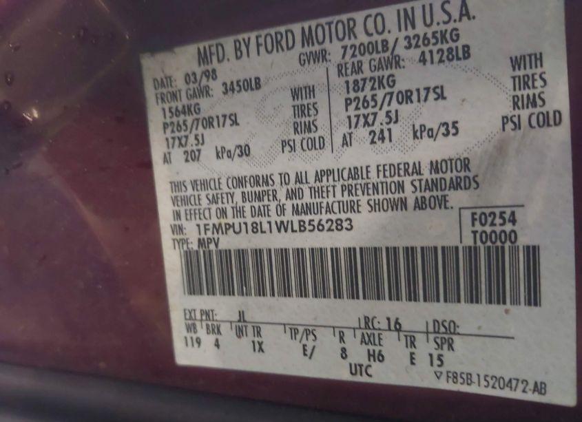 Photo 9 of 1998 Ford Expedition EDDIE BAUER/XLT (VIN 1FMPU18L1WLB56283)