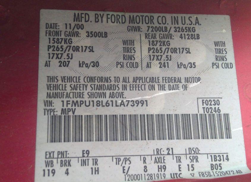 Photo 9 of 2001 Ford Expedition EDDIE BAUER (VIN 1FMPU18L61LA73991)