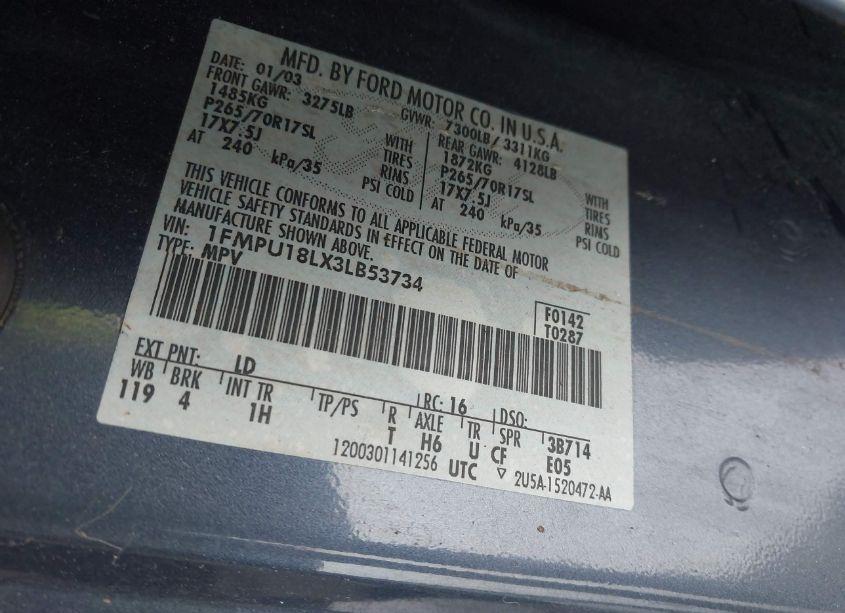 Photo 9 of 2003 Ford Expedition EDDIE BAUER (VIN 1FMPU18LX3LB53734)